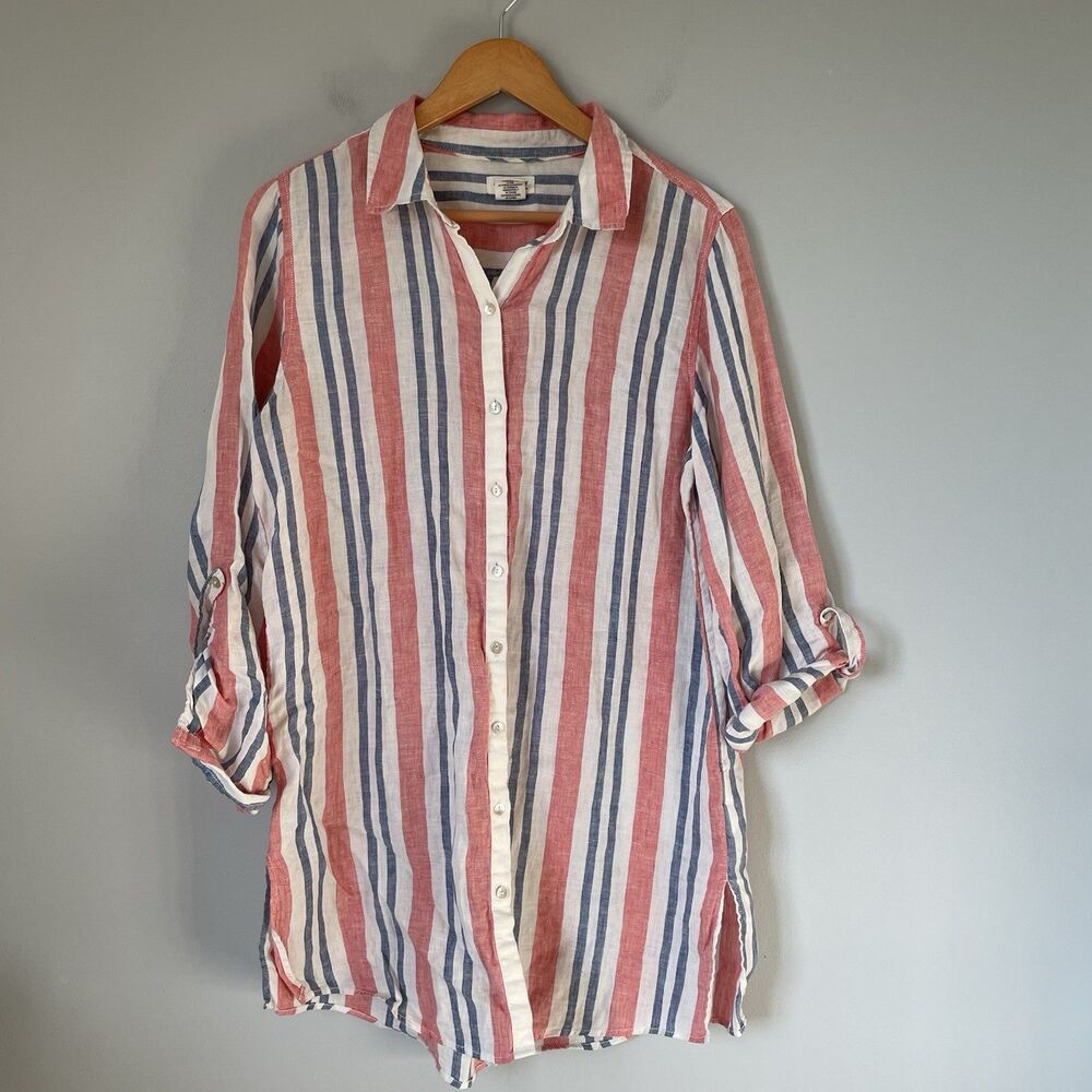Artisan NY 100% Linen Button Down Tunic Top White Blue Stripes Women's Size Med.